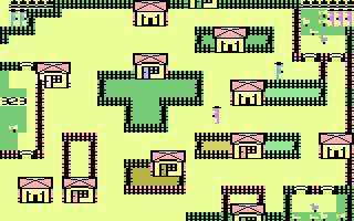 Joe and the Serif (Commodore 16, Plus/4) screenshot: Joe already took some chickens, now the sheriff tries to get behind him.