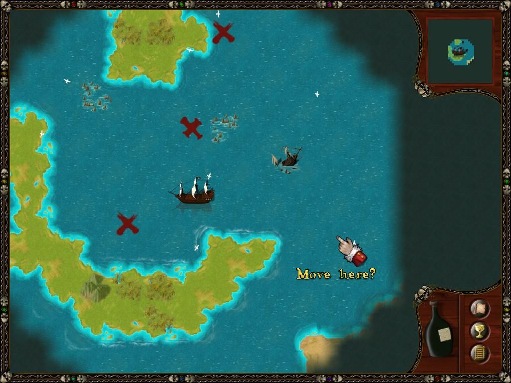 Caribbean Pirate Quest (Windows) screenshot: Where we be sailing to, Captain? We be needing to search the Xs and sunken ships for treasure.