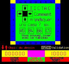 Tic Tac (Oric) screenshot: First drawing is not yet mixed, and it also describes the game mechanics (in French)