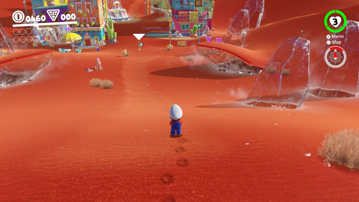 Super Mario Odyssey (Nintendo Switch) screenshot: Arriving at the Sand kingdom. Things look a bit cold.
