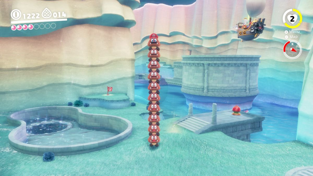 Super Mario Odyssey (Nintendo Switch) screenshot: Goombas in the Lake kingdom