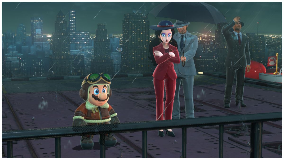 Super Mario Odyssey (Nintendo Switch) screenshot: Aviator Mario meeting up with Mayor Pauline (photo mode) in New Donk City (Metro kingdom)