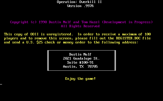 Operation: Overkill II (DOS) screenshot: Nag screen