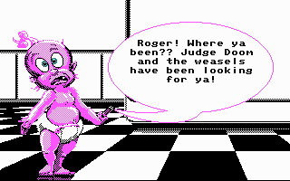 Who Framed Roger Rabbit (DOS) screenshot: The kid tells you what to do. (CGA)