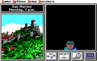 Where in the World is Carmen Sandiego? (Enhanced) (DOS) screenshot: A V. I. L. E. Henchman! (EGA/TANDY)
