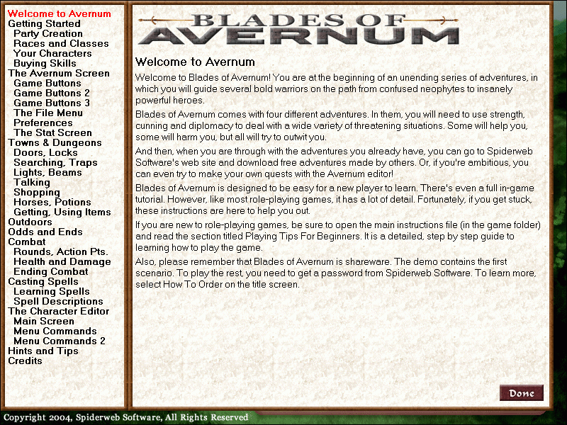 Blades of Avernum (Windows) screenshot: Spiderweb's Great Help Index