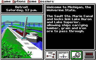 Where in the U.S.A. Is Carmen Sandiego? (Enhanced) (DOS) screenshot: Starting a case in Detroit. (EGA/TANDY)