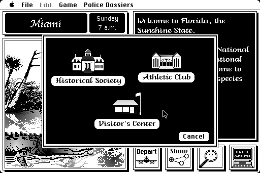 Where in the U.S.A. Is Carmen Sandiego? (Macintosh) screenshot: Which building do you go to?