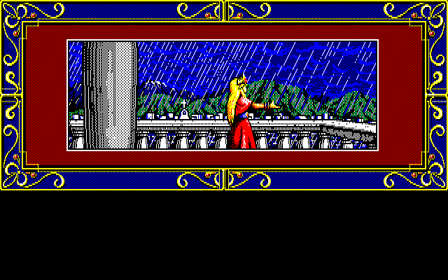 Zeliard (PC-88) screenshot: The princess alone in the rain...