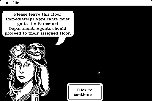 Where in Time Is Carmen Sandiego? (Macintosh) screenshot: Wrong floor. (Black and White)