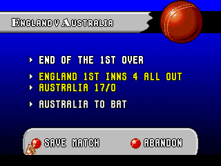 Allan Border's Cricket (Genesis) screenshot: The match can be saved mid-game