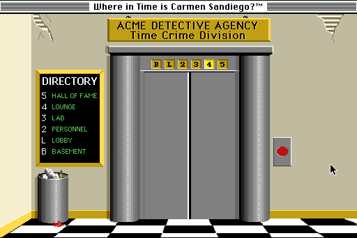 Where in Time Is Carmen Sandiego? (Macintosh) screenshot: Outside elevator. (Color)