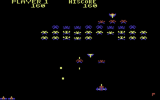 Galaxian (Commodore 64) screenshot: A game in progress