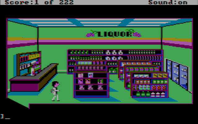 Leisure Suit Larry in the Land of the Lounge Lizards (DOS) screenshot: The clerk in the convenience store isn't much help (CGA Composite)