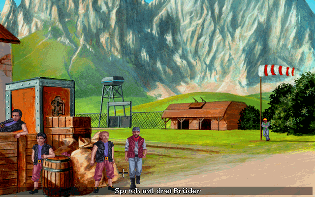 Die Höhlenwelt Saga: Der Leuchtende Kristall (DOS) screenshot: At the "dragon airport" in Wiesen-Sulzthal. You can make some money by playing a trick on the brothers and later getting even with the guy who sent you there.
