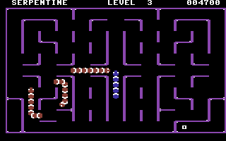 Serpentine (Commodore 64) screenshot: Yikes, a head on collision about to happen!