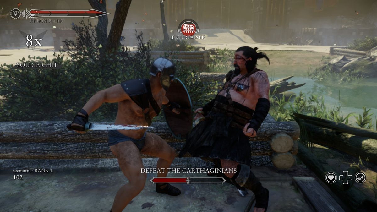Ryse: Son of Rome - Season Pass (Xbox One) screenshot: Fighting in the arena equipped with a Blade of Favor sword and Gorgon's Fury shield
