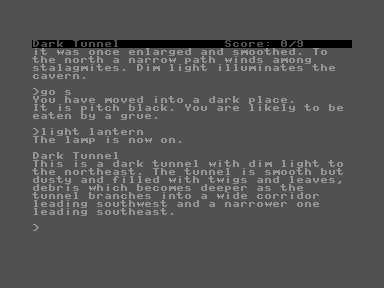 Zork II: The Wizard of Frobozz (Commodore 16, Plus/4) screenshot: Need some light, I don't want to be eaten by a grue!