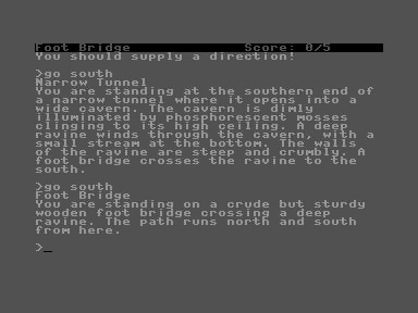 Zork II: The Wizard of Frobozz (Commodore 16, Plus/4) screenshot: Exploring the area and picking up some useful items
