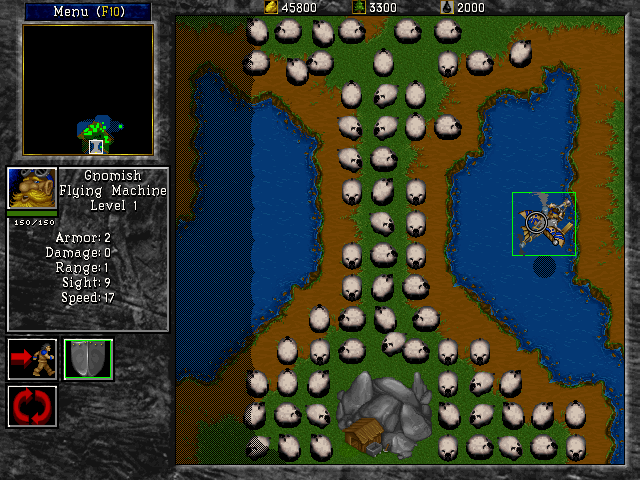 Morecraft for Warcraft II (DOS) screenshot: A typical <i>MoreCraft</i> scenario will start the player with substantial resources but no easy access to a gold mine. Critters blocking the mine seem to be the mappers' favourite.