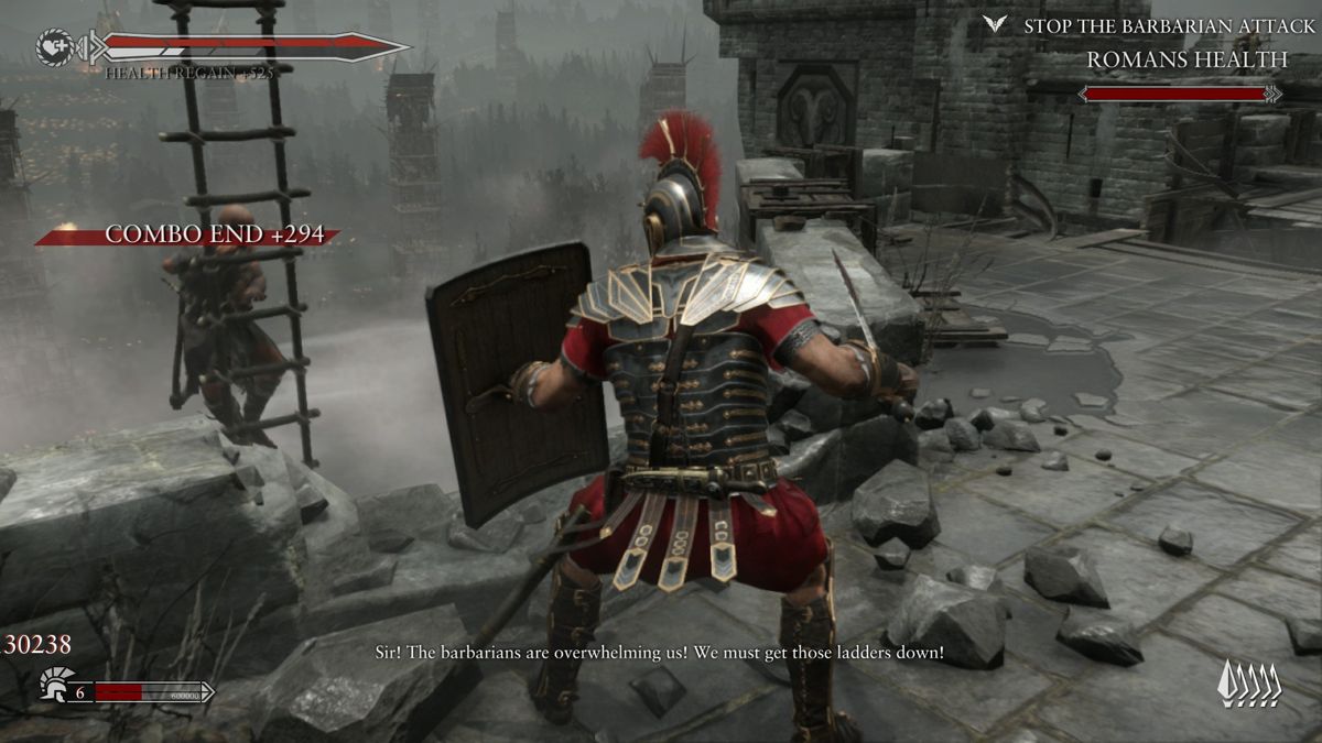 Ryse: Son of Rome (Xbox One) screenshot: Push away the ladders to stop enemy troops from climbing up the walls