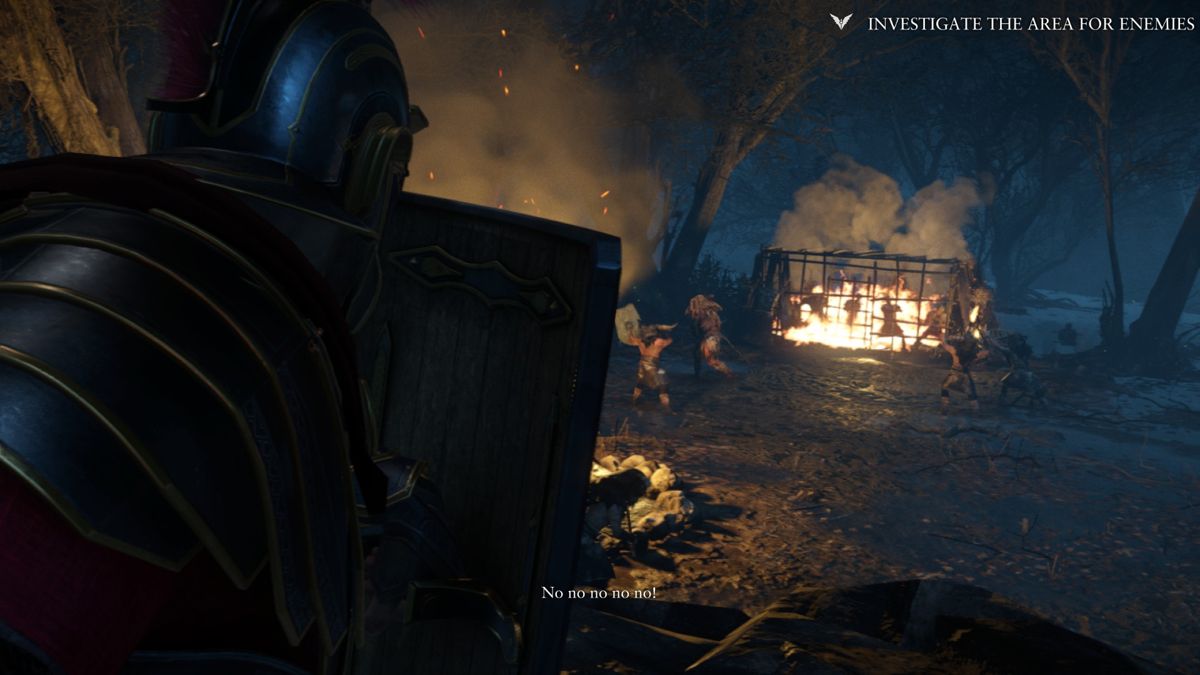 Ryse: Son of Rome (Xbox One) screenshot: The enemy is burning your soldiers... you will have to act quickly if you want to stop this from repeating