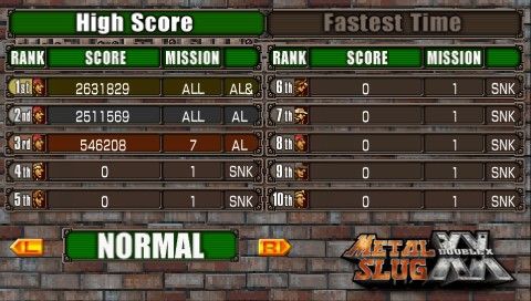 Metal Slug XX (PSP) screenshot: Highscore table