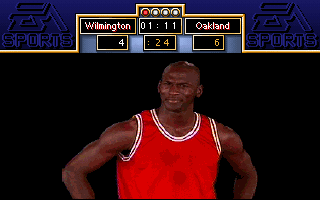 Michael Jordan in Flight (DOS) screenshot: "What a brick" - Michael Jordan is not pleased.