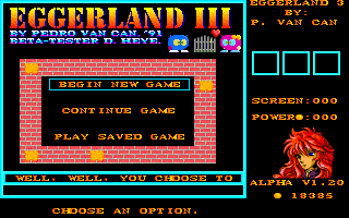 Eggerland 3 (DOS) screenshot: Title and menu screen