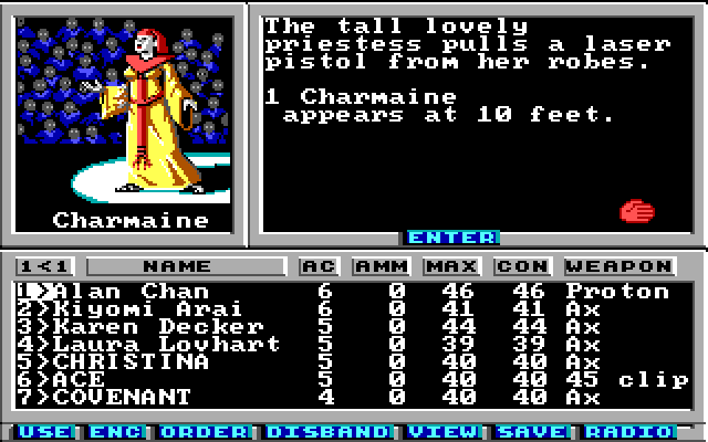 Wasteland (DOS) screenshot: Charmaine the radioactive high priestess (EGA)