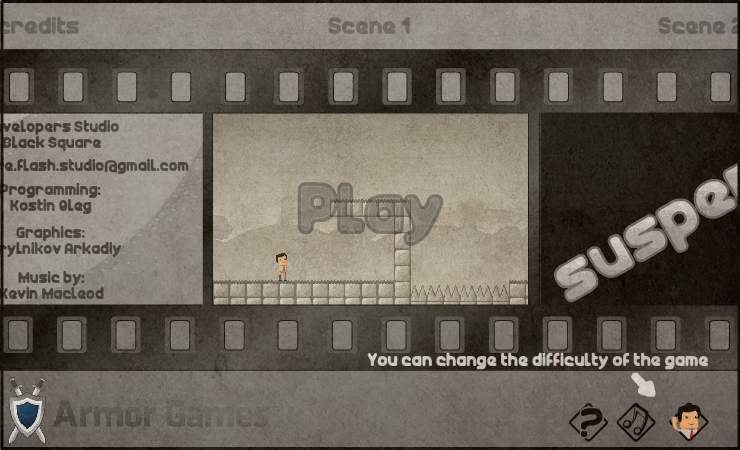 The Suspense (Browser) screenshot: The menu where the different scenes and the difficulty can be selected.