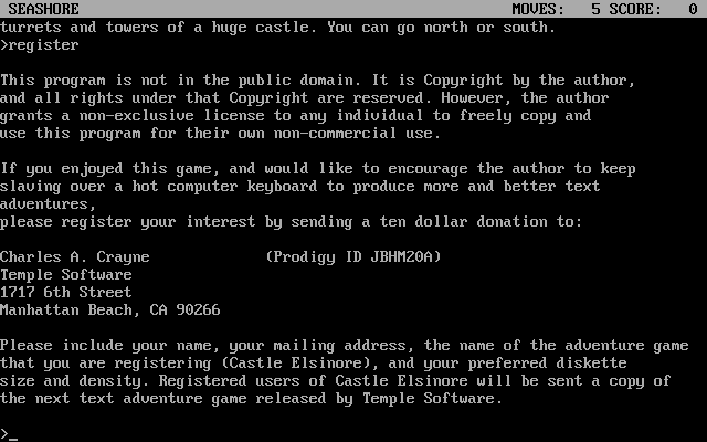 Castle Elsinore (DOS) screenshot: Registering info