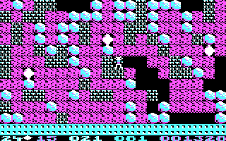 Boulder Dash (PC Booter) screenshot: There's a lot of boulders to dodge in order to collect diamonds! (CGA)