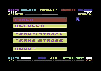 Romulus (Commodore 64) screenshot: Sub-game menu.