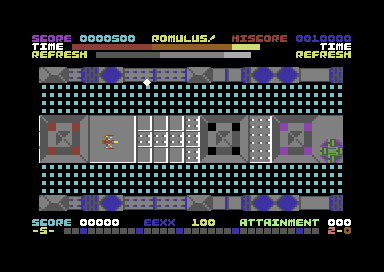 Romulus (Commodore 64) screenshot: Blasting bugs.