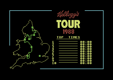 Kellogg's Tour (Commodore 64) screenshot: Map of the tour and the best times.