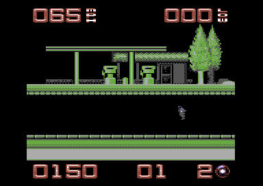 Road Warrior (Commodore 64) screenshot: Stopping for fuel. Didn't kill enough bikers so I am about to die.