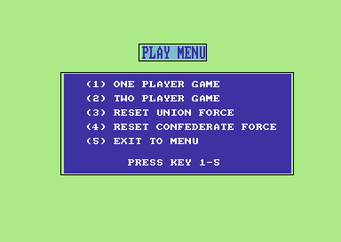 Johnny Reb II (Commodore 64) screenshot: Menu screen.