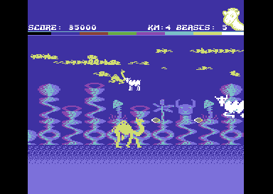 Return of the Mutant Camels (Commodore 64) screenshot: Keep blasting.