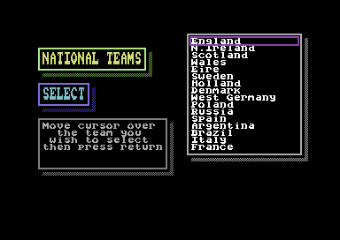 Footballer of the Year 2 (Commodore 64) screenshot: Select your country. No Albania either.