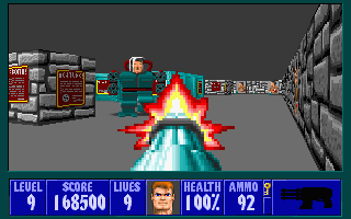 Wolfenstein 3D (DOS) screenshot: And, of course, the obligatory showdown with a mechanized Hitler.