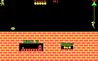 Hunchback (DOS) screenshot: Room 1 - Climbing the rope to finish the room (cga)