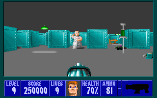 Wolfenstein 3D (DOS) screenshot: Herr doktor throws deadly syringes at you. The strange silver-pole-like thing to the right is a green-handled syringe flying toward you.