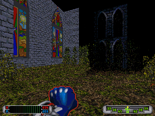 CyberMage: Darklight Awakening (Demo Version) (DOS) screenshot: The temple exterior, with some nicely looking stained glass windows.