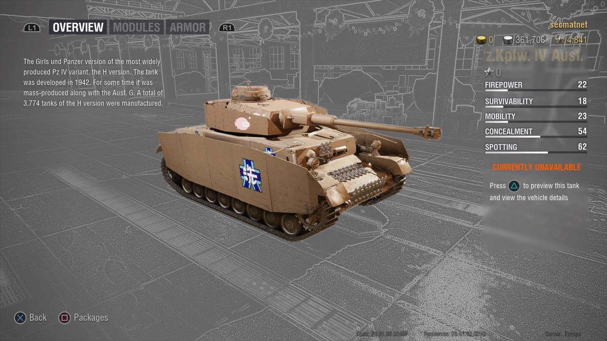 World of Tanks: Girls und Panzer Loaded Bundle (PlayStation 4) screenshot: Pz.Kpfw. IV Ausf. H Girls und Panzer tank overview