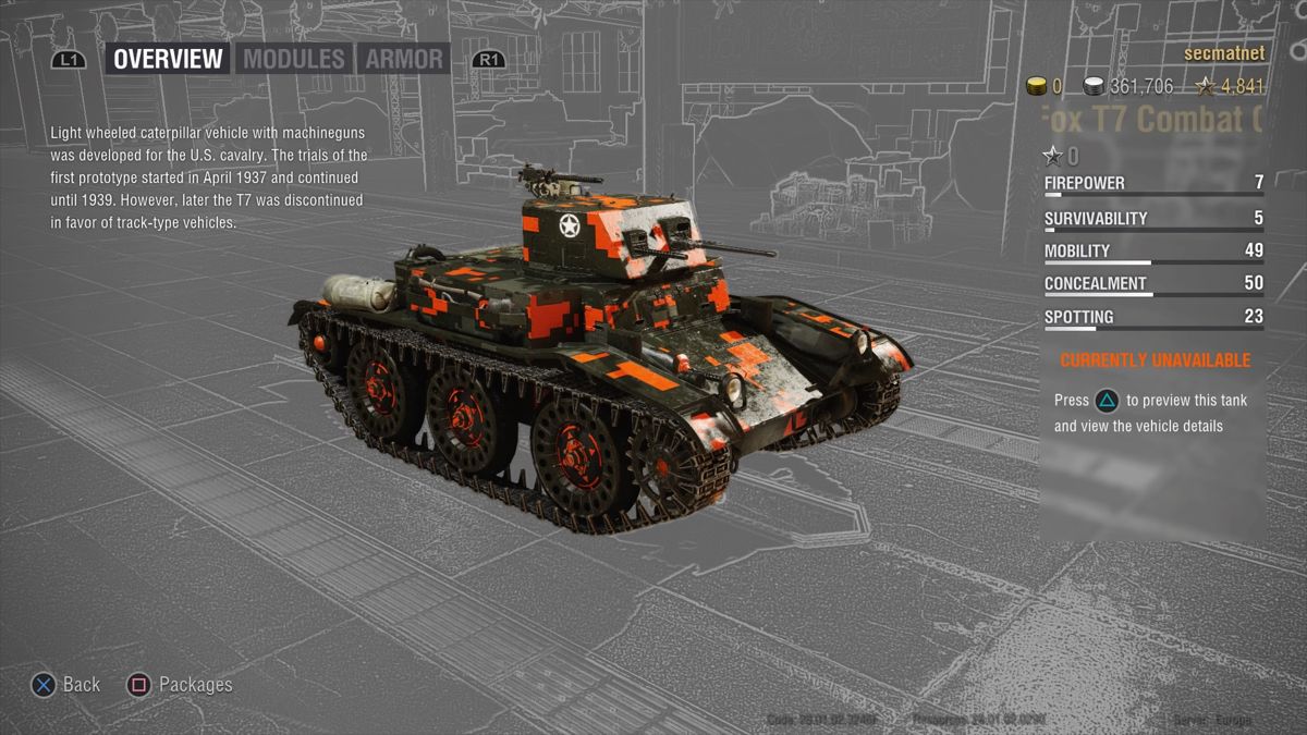 World of Tanks: Starter Kit - Fox Edition (PlayStation 4) screenshot: Fox T7 Combat Car overview