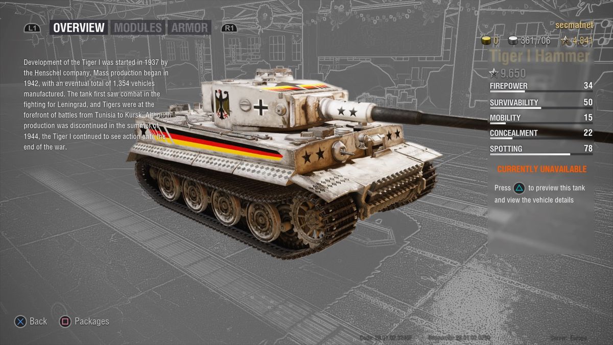 World of Tanks: Hammer Base (PlayStation 4) screenshot: Tiger I Hammer overview