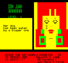 Don Juan (Oric) screenshot: Girl is crying because her dog was eaten (a dynamic redhead)