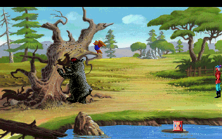 King's Quest V: Absence Makes the Heart Go Yonder! (DOS) screenshot: That bear is trying to get some honey from the bees. (CDROM version) (VGA)