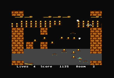 Shamus: Case II (Commodore 64) screenshot: In this room, you have to defeat a series of monsters coming out of the top. If you hit the bird (top righ of the screen) 3 times, it turns into a fireball and helps you destroy the other monsters.